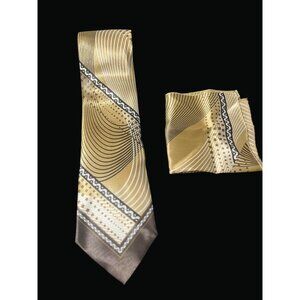 Gold & Brown Geometric Patterned Silk Tie & Pocket Square Set For Men T01 C